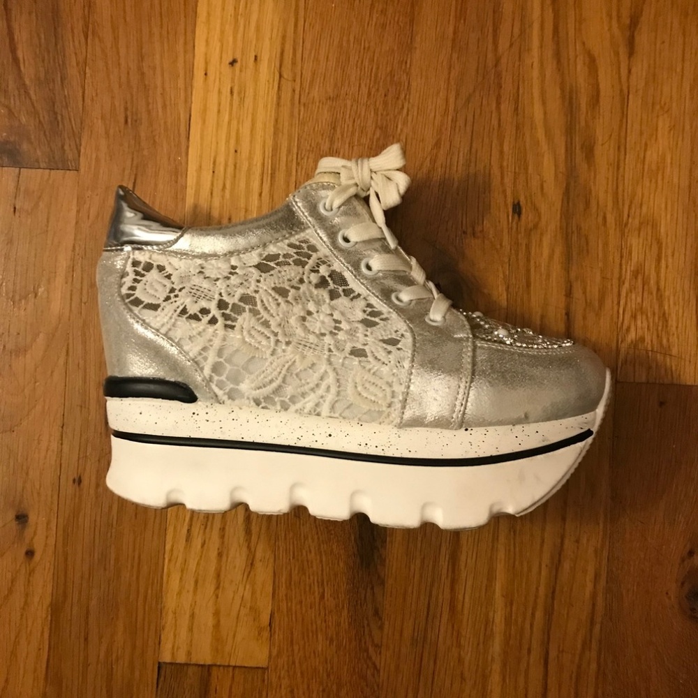 Platform Sneakers with Lace and Rhinestones
